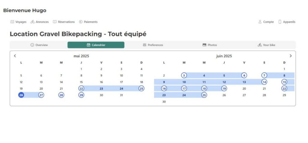 Écran du calendrier des disponibilités d’un vélo