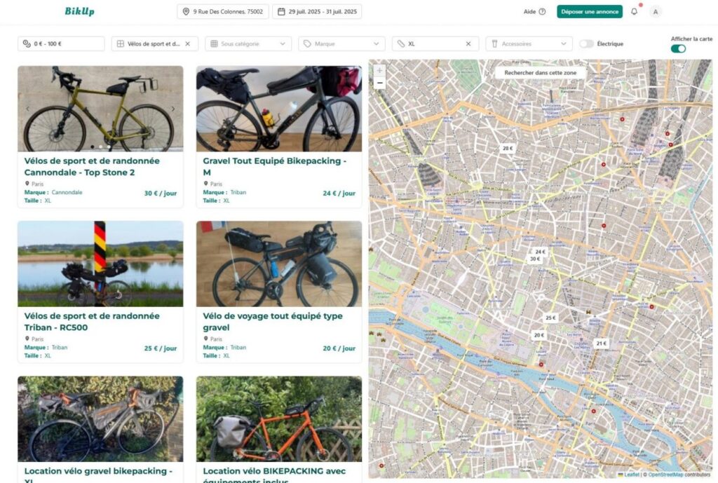 Recherche de vélos sur la carte BikUp