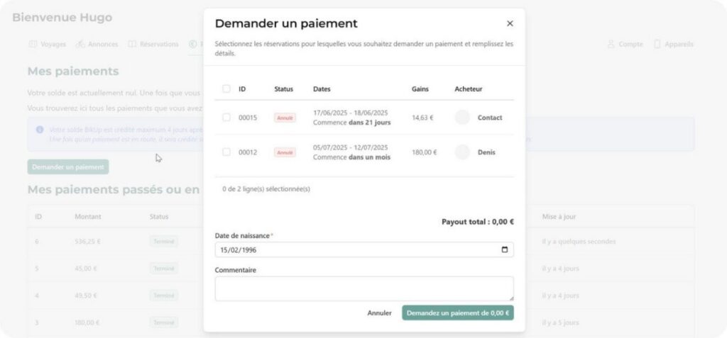 Écran de demande de paiement