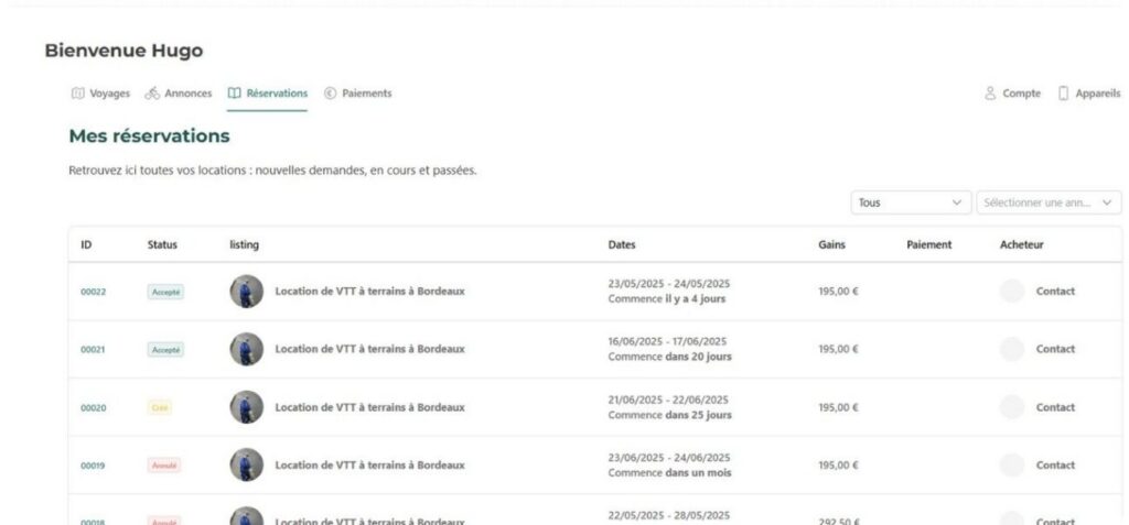 Écran de la liste des réservations